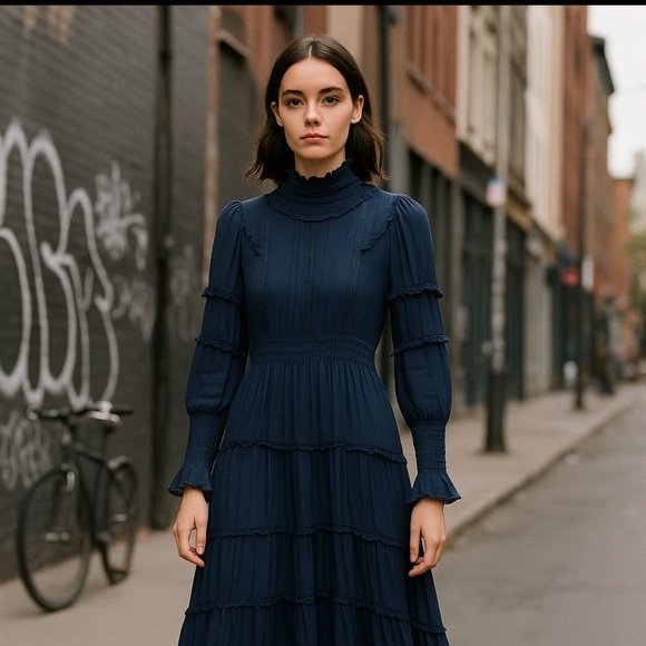 Love Sam Mock Turtle Neck Long Sleeve ruffle Tiered Dress XS - Picture 3 of 8